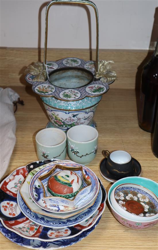A Canton enamel basket and porcelain items